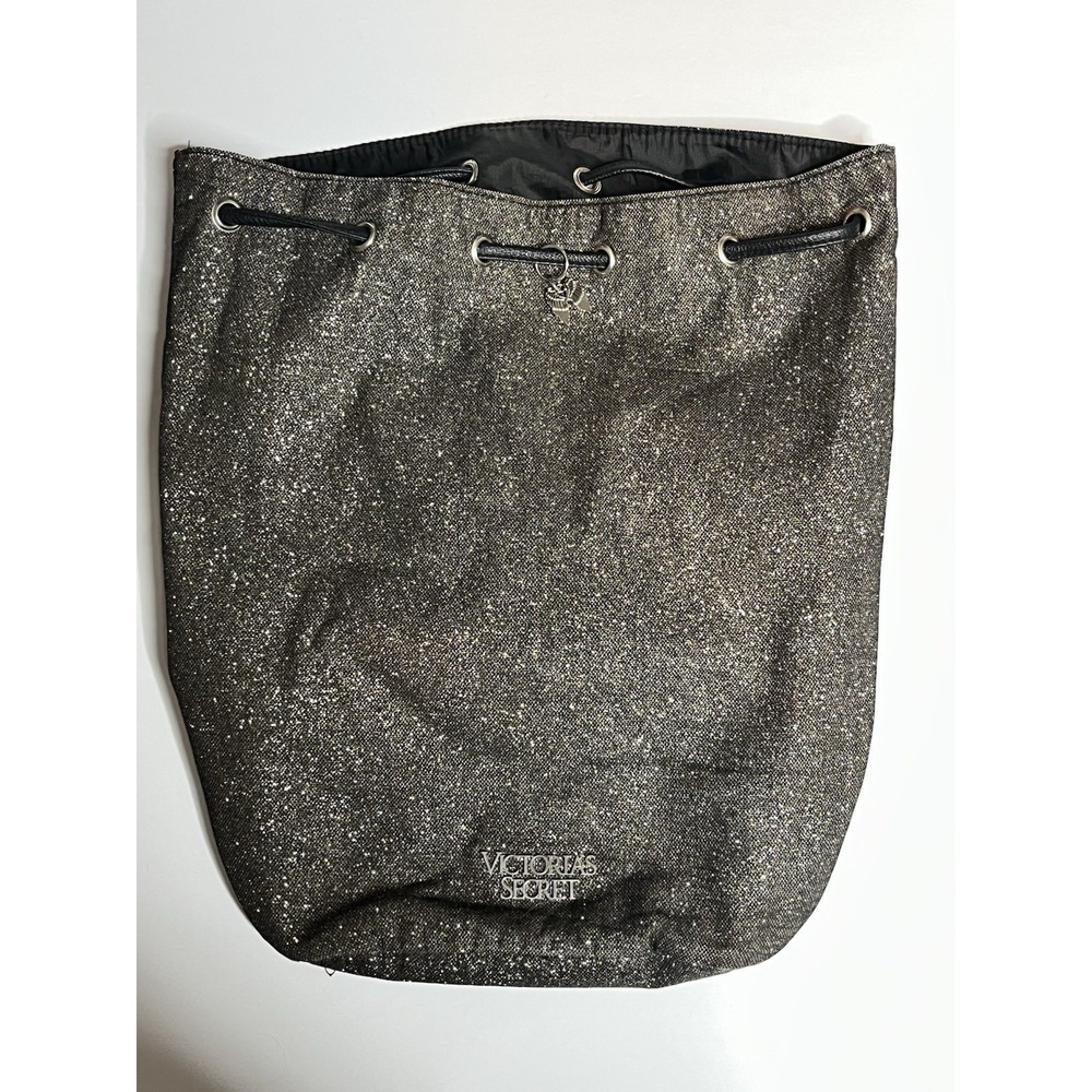 Victoria's Secret Black Glitter Metallic Drawstring Cinch Backpack Bag
